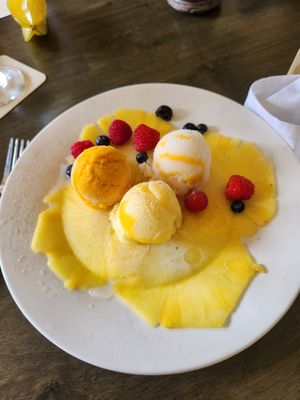 Lychee pineapple and mango sorbets at Gaylord's at Kilohana in Lihue