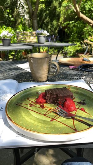Raw chocolate fudge with pickled strawberries   at Earth Cafe - Maybe closed in Enschede