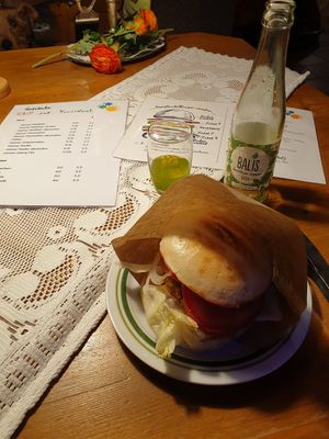 Saitan Burger Tex-Mex Burger vegan&Basilikum-Ingwer Limonade at Café includere in Rosenheim