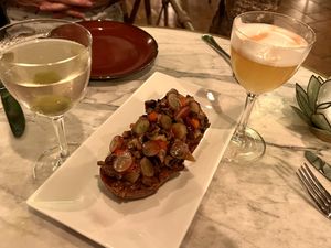 Cremini Toast (Drinks: Frolic Room and Bush Sunflower)  at Avant Garden Bistro in Los Angeles