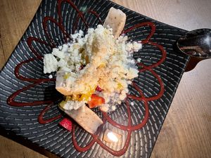 Mochi and macadamia crumble birthday dessert by Chef Sarah  at Avant Garden Bistro in Los Angeles