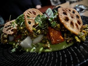 Carrots dish by Chef Sarah - with lotus, caraway and pistachio   at Avant Garden Bistro in Los Angeles
