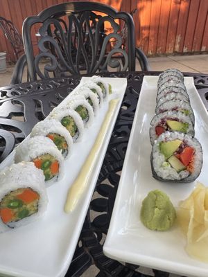 Both vegan rolls were top notch! On the left had pumpkin & tempura green beans and the one on the right had such a lovely variety of veggies, so fresh!   at Ja-Roen in Monticello