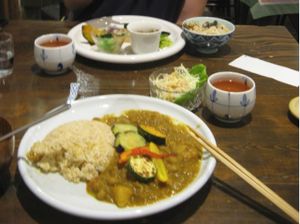 The upper one is the lunch set, the lower plate is the curry. October 2015.  at Nezu no ya in Tokyo