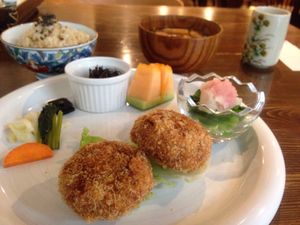 Daily Special Lunch with Pumkin Croquette as main dish. 1200¥ at Nezu no ya in Tokyo