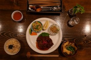Meal of the day.
- Genmai Rice
- Soup with onion and Gluten (Seitan?)
- Renkon-age (grated lotus root, fried), Small salads with sesame and chickpeas

 at Nezu no ya in Tokyo