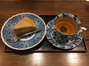 Sesame kinako cake and healthy cycle blend tea at Nezu no ya in Tokyo