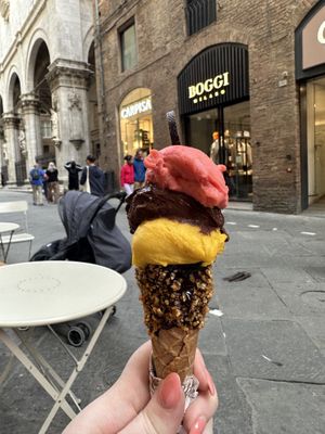 Mango, chocolate and raspberry sorbet/gelato, all vegan   at Venchi in Siena