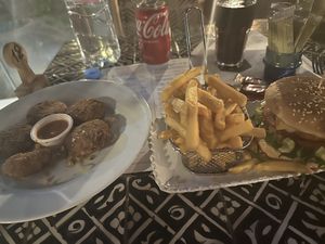 Moorish Burger (vegetarian) and Falafel (vegan)  at The Moorish Kitchen & Coffee in Marrakech