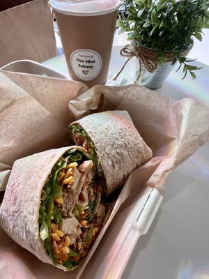 Vegan Chik’n and Steak wrap with Pumpkin Maple Cinnamon superfood latte! 😋   at Our Hive Juice in Black Diamond