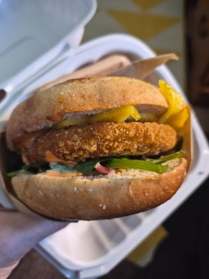 Vegan chicken bourbon bagel at Our Hive Juice in Black Diamond