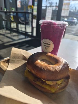 Dragon breeze smoothie and morning bloom bagel at Our Hive Juice in Black Diamond