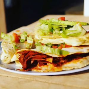 Jack fruit pastor quesadilla at Burbuja para Conejos in Tulum