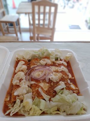 Enchiladas rojas at Burbuja para Conejos in Tulum