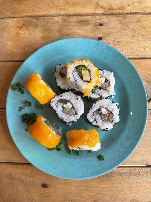 Vegan sushi. Special dish on Saturdays on three different preparation (made with tofu, mushrooms, sesame, mango and other ingredients) at Burbuja para Conejos in Tulum