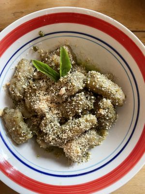 Sweet potato gnocchi with pesto   at Burbuja para Conejos in Tulum