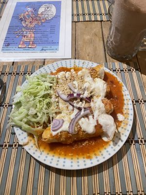 Vegan enchiladas   at Burbuja para Conejos in Tulum