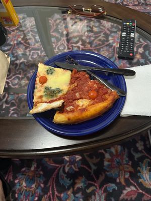 Thin crust vegan margarita pizza & Deep dish vegan veggie pizza   at Gino's East - South Loop in Chicago