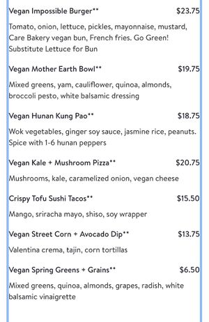 Plant based Menu  at Earls Kitchen + Bar in Toronto