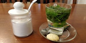 Mint leaf tea. Comes with a Ceylon tea bag on the side. at Shoshana in Bangkok