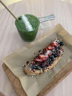 Sweet toast and green juice  at True Roots in Barcelona
