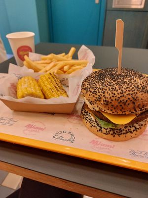 BBQ bacon burger, corn on the cob, medium fry at The Sunny Burger Co. in Amsterdam