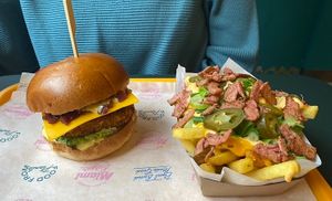 Crispy chicken burger and loaded fries.   at The Sunny Burger Co. in Amsterdam