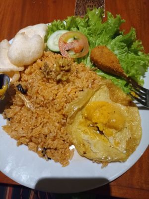 Nasi black pepper with a vegan egg! at Black Forest Cafe in Yogyakarta
