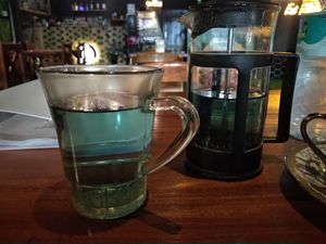 Butterfly pea flower tea at Black Forest Cafe in Yogyakarta