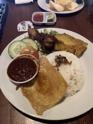 Kalasan rice set (with an extra of faux fried egg)  at Black Forest Cafe in Yogyakarta