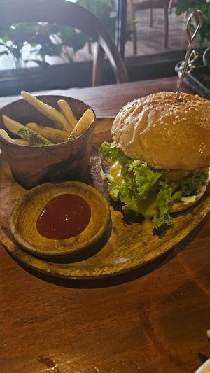 Classic Burger with truffle fries at Black Forest Cafe in Yogyakarta