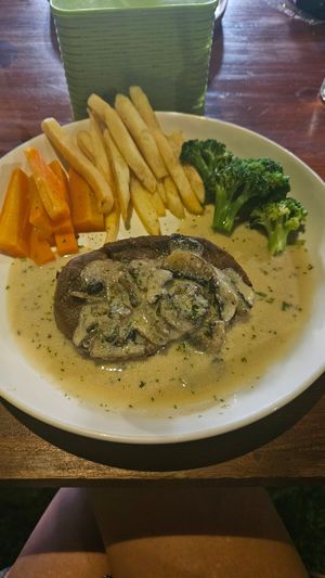 The vegan steak at Black Forest Cafe in Yogyakarta