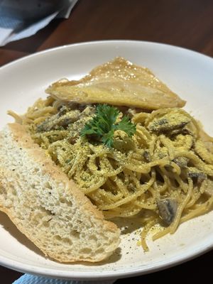 Vegan spaghetti carbonara   at Black Forest Cafe in Yogyakarta