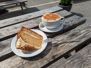 Biscoff cake and soy milk cappuccino at The Schoolrooms in Sheffield