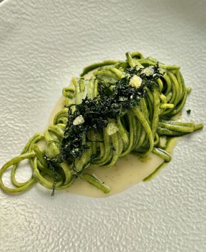 “Verrigni” Linguine with kale, lime and oregano cream  at Ristorante Al Pruno in Rignano Sullarno