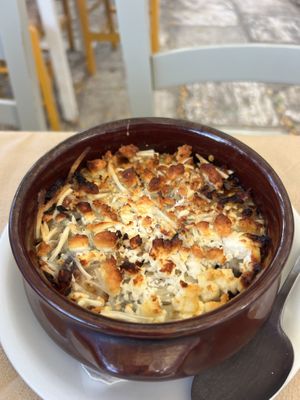 Eggplant dish with vegan cheeses  at Mpakalógatos in Naxos