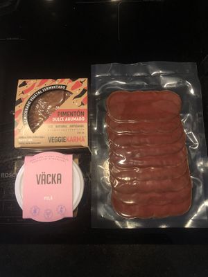 Pimento vegan cheese, vegan cream cheese and vegan jamon   at La Veganeria del Born in Barcelona