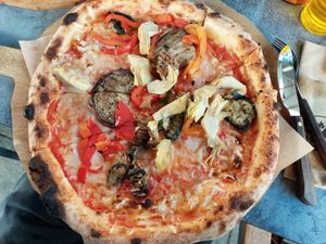 Pizza Contadina with basil, grilled veggies (zucchini, eggplant, red peppers), artichokes, extra virgin olive oil (13.50) at 480 Gradi Pizzeria Napoletana in Bad Homburg