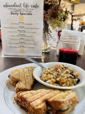 Harvest Soup, Veggie Panini (w/Cheeze & Pesto), and Purple Reign juice!  at Abundant Life Kitchen in Lexington