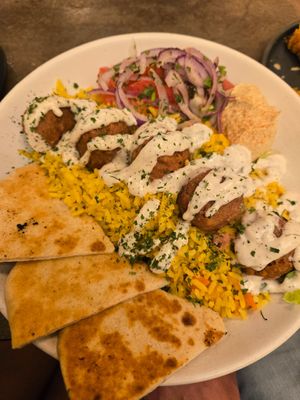 Mediterranean Vegan Bowl with Mushroom meatballs at Cafe Emis in Kennett Square