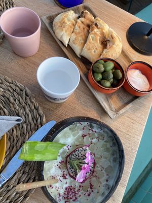 Coco Mocha cocktail and pita bread with vegan mayo for stater   at Mikasa Ibiza Boutique Hotel Restaurant in Ibiza