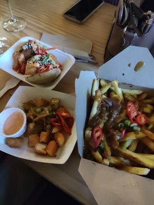 Bao, salt and pepper tofu and fries at Manzoku in Manchester