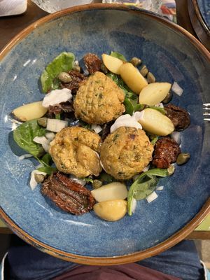 Chickpeas falafel with potatoes, dried tomato, salad and coconut yogurt   at Edinbane Inn in Isle Of Skye