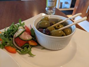 Marinated Mediterranean olives starter at Bankend Bar & Brasserie in Dumfries