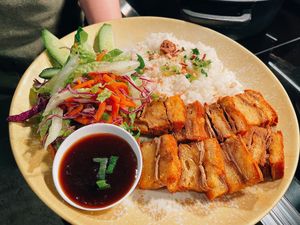 Vegan Crispy Pork Rice Dishes  at Banhmi Bites in Moonah