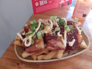 Loaded fried with homemade vegan crispy pork at Banhmi Bites in Moonah
