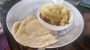 Hummus and pita at Catfish Book Cafe in Koh Lanta