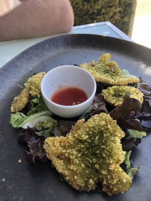 Fried oyster mushrooms with sweet sour sauce. Normally there is more on the plate 😋  at Fermento in Sagres
