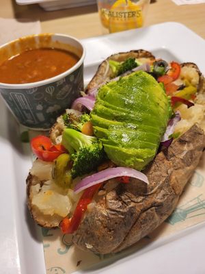 Just a Spud with all the free toppings plus avocado and a cup of Veggie Chili at McAlister's Deli in Cedar Park