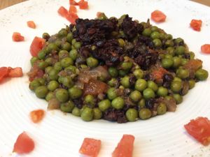 peas w/ vegan ";morcilla"; at La Cuina del Cel in Mataro
